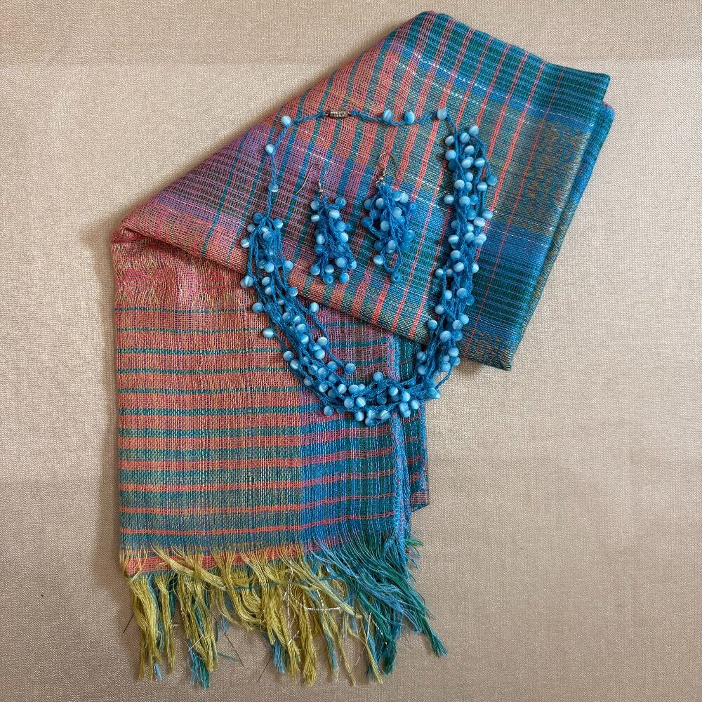 Blue Orange And Yellow Scarf Blue Beaded Earrings And Necklace Accessory Set